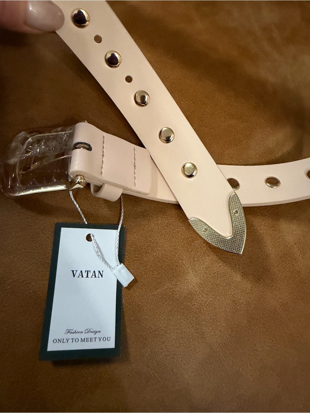 🤎VATAN Eco Friendly Nude Studded Belt w/ Gold Hardware. Measurements in photos - Picture 4 of 14
